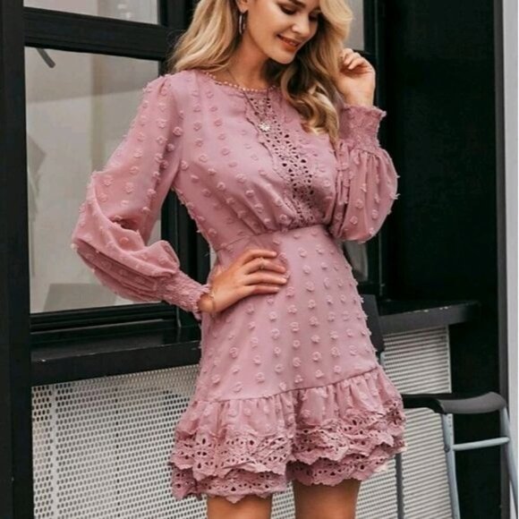 CONTRAST LACE BLUSH POLKA DOT GLAMOROUS DRESS - Picture 9 of 16
